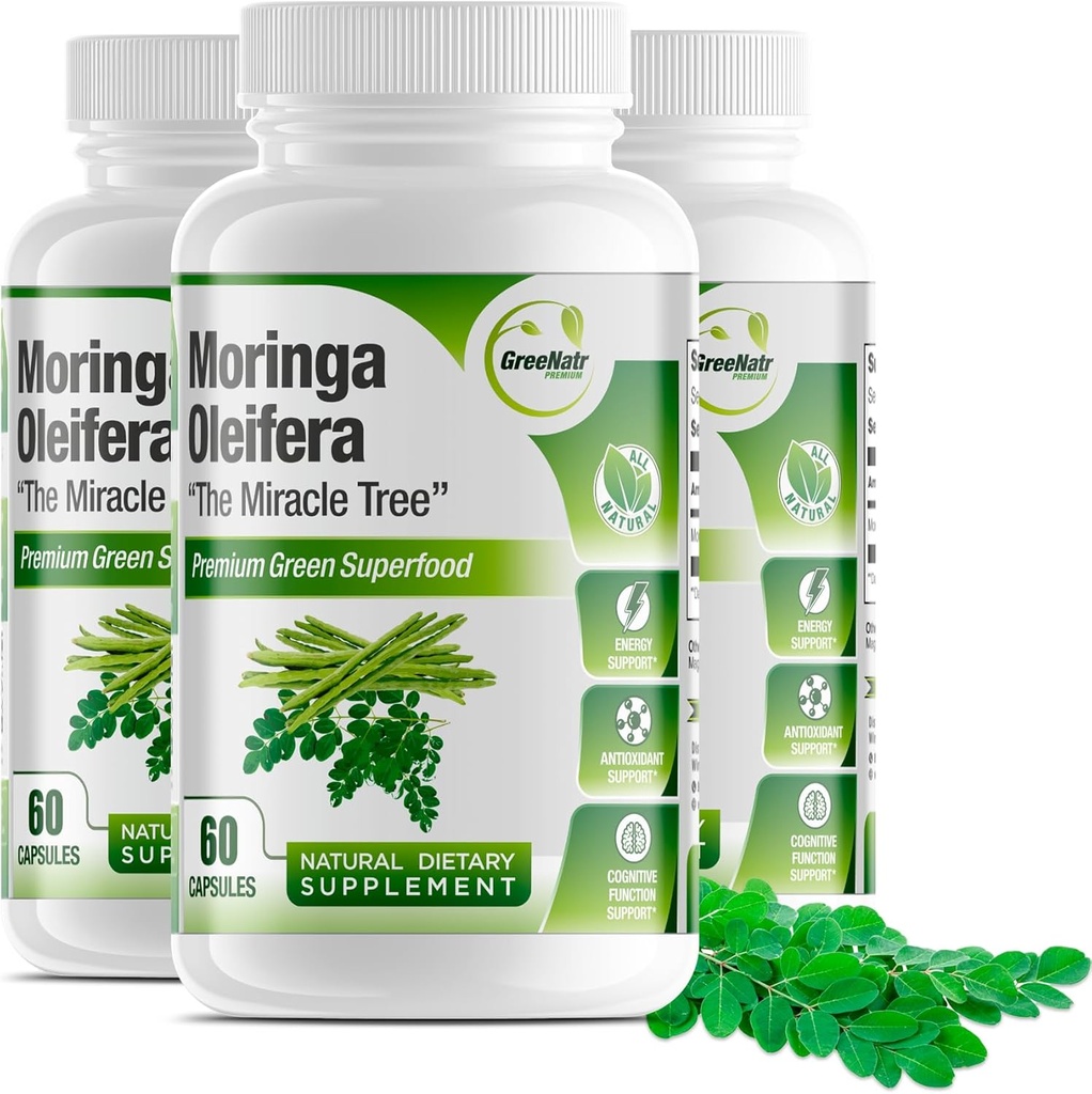 GreeNatr Pure Moringa Oleifera Leaf Extract Veggie Capsules 1000 mg. Natural Herbal Supplement. Energy, Mood, Memory and Focus Support. Premium Green Superfood (3 Bottles)