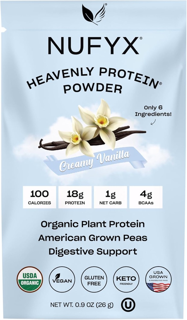 NUFYX® • Heavenly Protein® Powder • World’s Finest 100% Organic American Grown Peas • Vegan • Gluten Free • Low Carb (Creamy Vanilla, Packet)