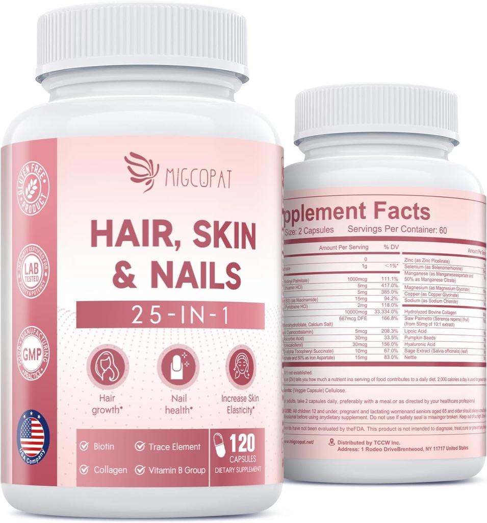 Hair Skin and Nails Vitamins with Biotin, Collagen & Hyaluronic Acid, Supports Healthy Hair Growth, Strong Nails & Glowing Skin, Biotin Supplement with Vitamins A, C, D3, E, B Complex & Minerals