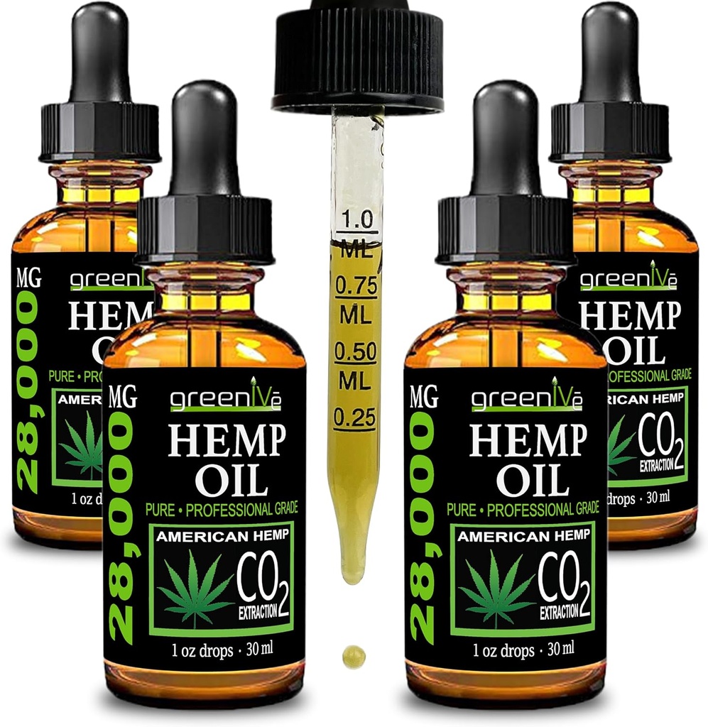 GreenIVe Hemp Drops 28,000mg Naturally Grown Hemp Oil Drops Vegan Omegas Natural Potent Results (4 Pack)