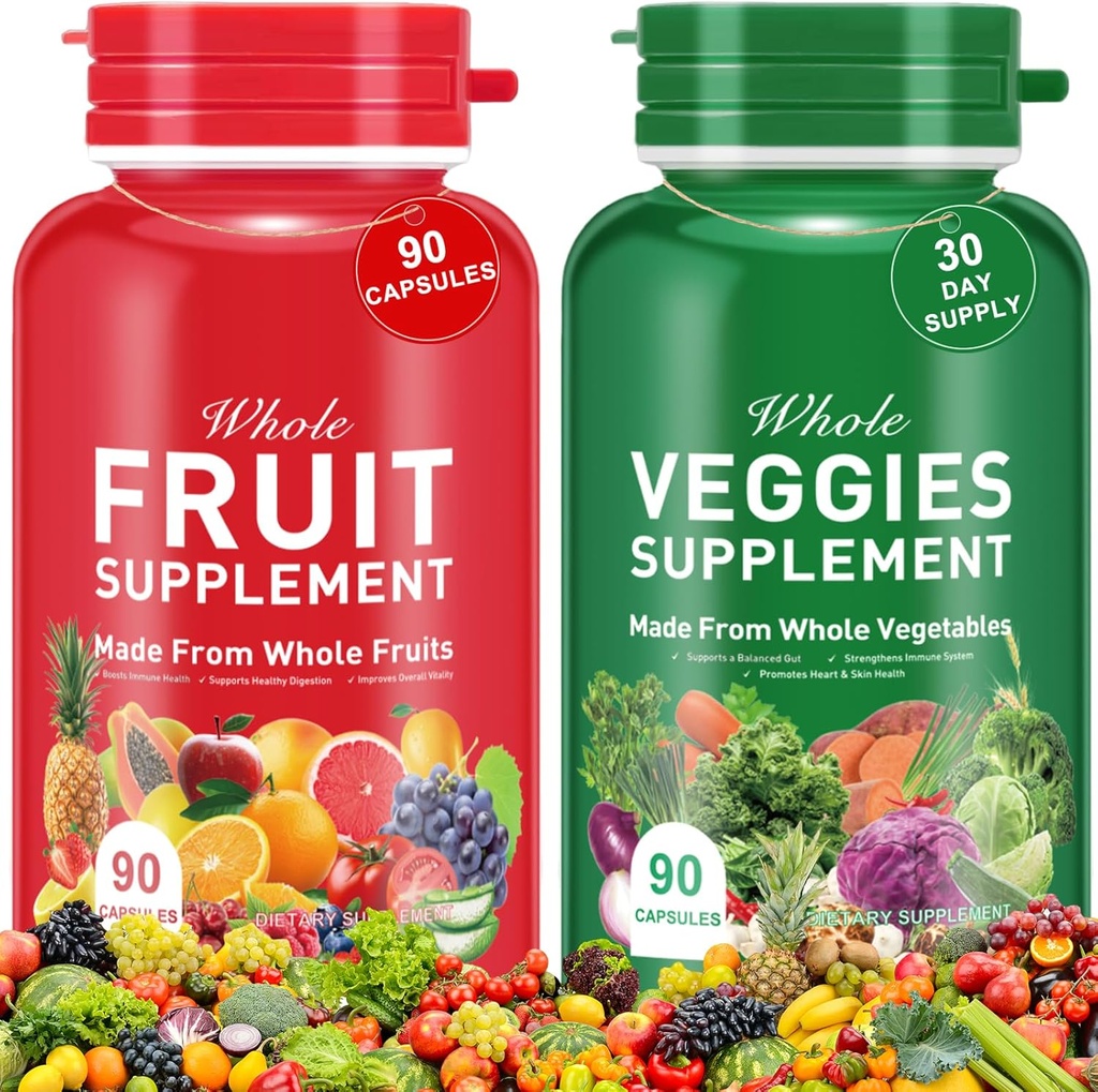 Fruit and Veggies Supplement - 2 Bottles 180 Total High Fiber Vegetarian Capsules, Balance of Natural 21+25 Whole Fruits & Veggies Blend, Fresh Superfood Formula with Vitamins and Minerals