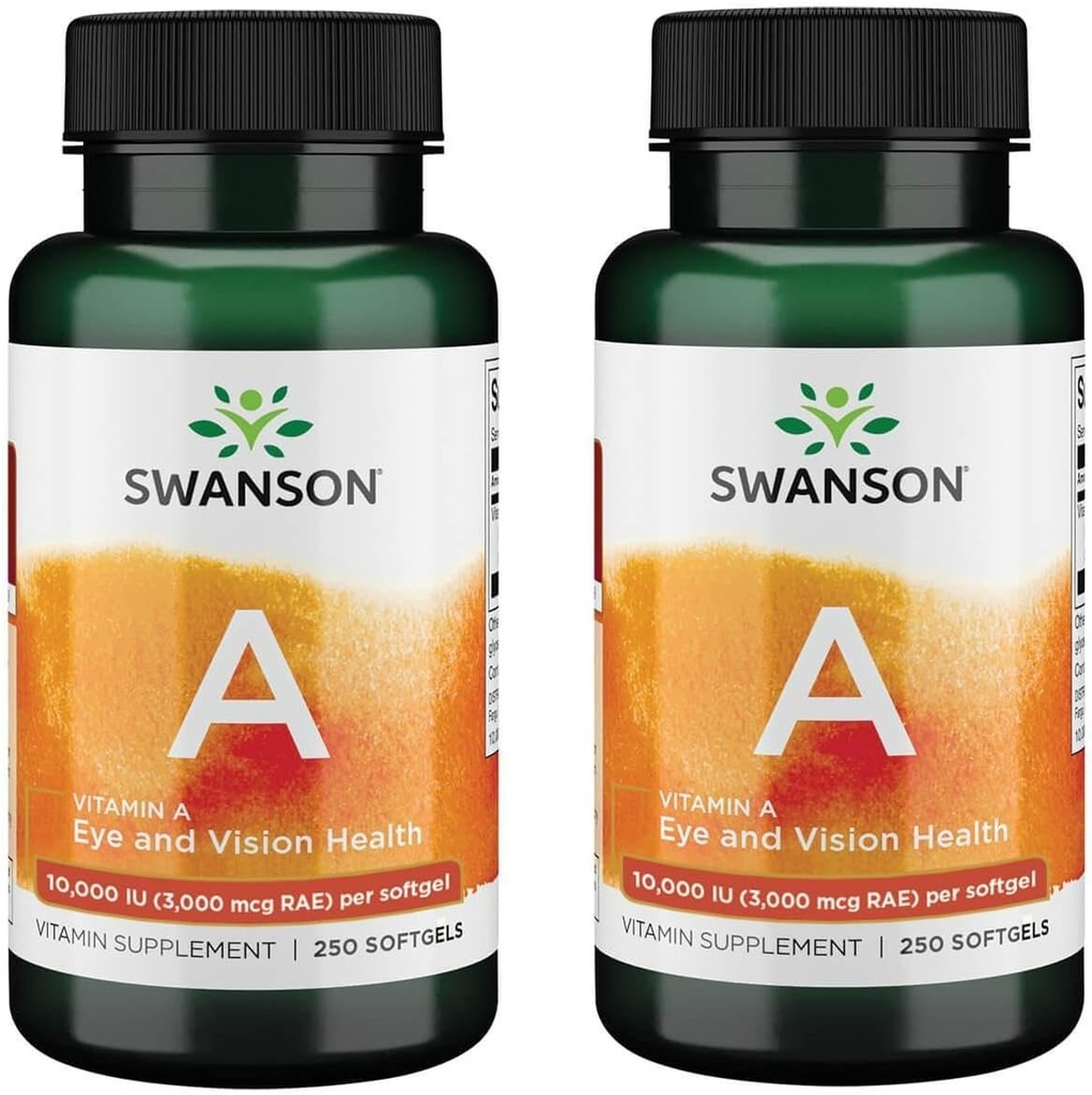 Swanson Vitamin A 10,000 IU (3,000 mcg RAE) Natural Nourishment for Bone, Skin Health, Vision Support & Immune System Function - High Absorption Vitamin A 250 Softgels (2 Pack)