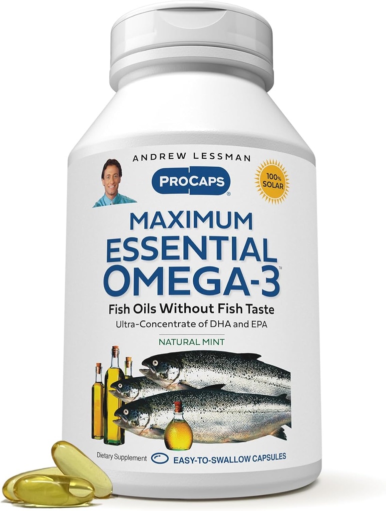 ANDREW LESSMAN Maximum Essential Omega-3 Mint - 180 Softgels - Ultra-Pure, High Potency Omega-3 Oils. High DHA, No Stomach Upset, No Contaminants, No Mercury. Small Easy to Swallow Softgels