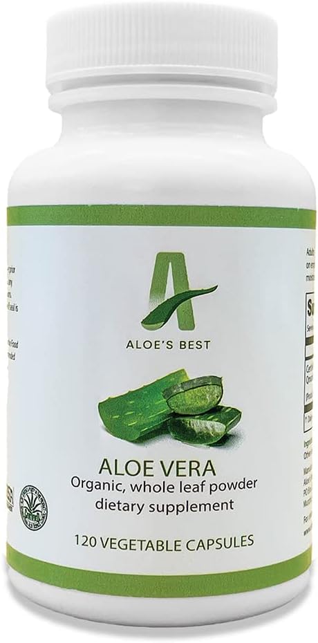 Aloe's Best Organic Aloe Vera Capsules, 120 Veggie Caps, Pure Natural Whole Leaf Powder Supplement, Supports Healthy Skin, Hair, and Nails