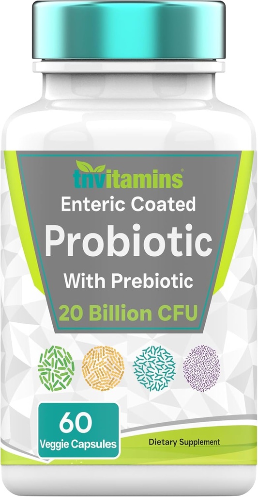 tnvitamins Probiotics for Women & Men with Prebiotics for Digestive Health with Acidophilus | 60 Enteric Coated Vegetarian Capsules | 20 Billion CFUs - 8 Strains