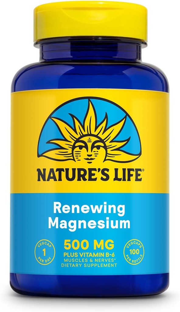 Nature's Life Renewing Magnesium 500 mg - Magnesium Citrate, Magnesium Malate, Magnesium Oxide Plus Vitamin B-6 - Muscles and Nerves Support - Lab Verified (100 Servings, 100 VegCaps)