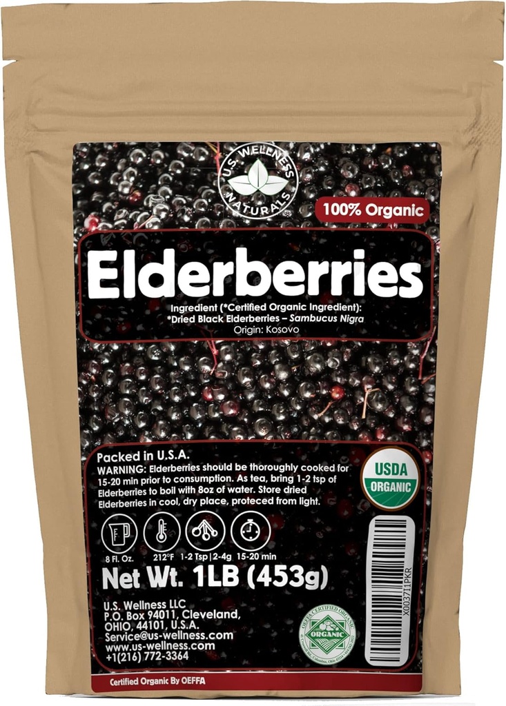 Elderberries – 1lb (Real Wild Harvest) | 100% USDA Certified Organic | Bulk Black Dried Elderberry | for Making Elder Syrup, Gummies, Tea - Raw Vegan Sambucus Nigra