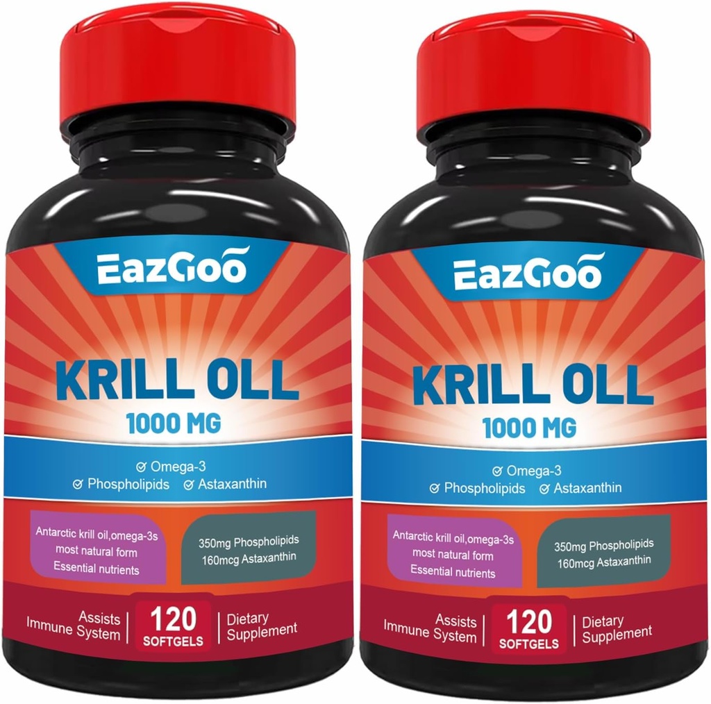 Antarctic Krill Oil 1000mg, Omega 3 Supplement，EPA, DHA, Phospholipids and Astaxanthin - 240 Softgels