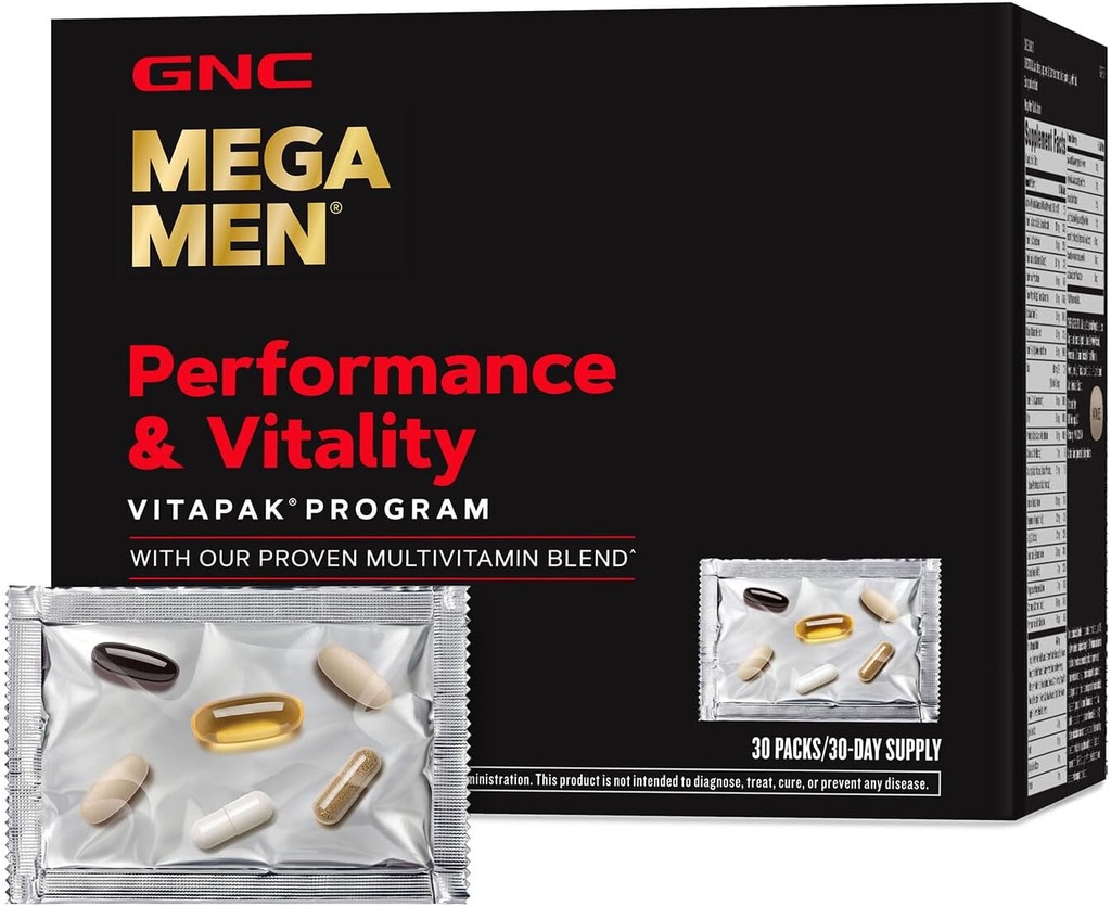 GNC Mega Men Performance and Vitality Vitapak Program, Convenient Complete Nutrition, 5 Products in 1 packet, Circulation, Blood Flow, Prostate Health, Sexual Function, Horny Goat Weed, 30 Packs