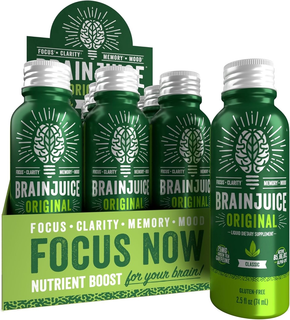 BrainJuice Focus & Energy Drink Shots, Nootropics with Alpha GPC, B Vitamins & Organic Green Tea Caffeine, Supports Focus, Memory & Clarity, Non-GMO, Gluten Free, Classic, 2.5 fl oz, 12 Pack