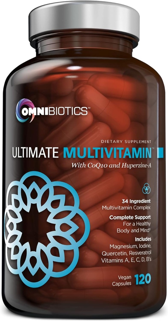 OmniBiotics Ultimate Daily Multivitamin for Women & Men – 34 Essential Ingredients Including Vitamin A, C, D, E, B6, B12, Biotin, Zinc – 120 Vegan Capsules