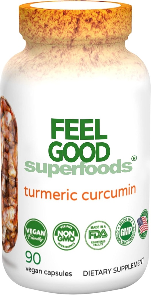 FeelGood Superfoods 1000mg Turmeric Curcumin Capsules, Fortified with 95% Curcumin Extract and Black Pepper Extract, 90 Count
