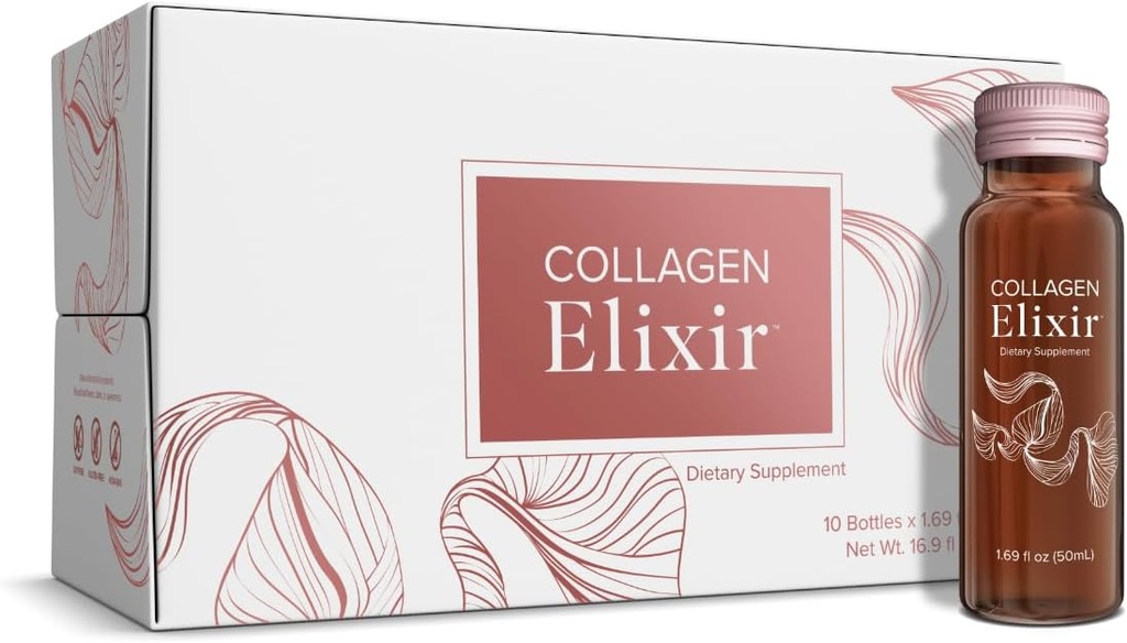Collagen Elixir - Collagen Drink with Marine Collagen Peptides to Support a Youthful Appearance with Vitamin C, Zinc & Biotin - 1.69 fl oz - 10ct