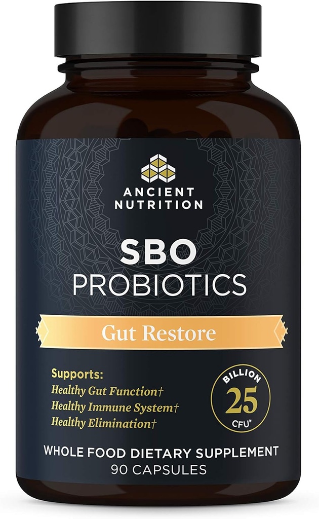 Ancient Nutrition Probiotics, SBO Probiotics Gut Restore 90 Ct, Promotes Gut Health, Digestive and Immune Support, Gluten Free, Superfoods Blend, 25 Billion CFUs* Per Serving, 90 Capsules