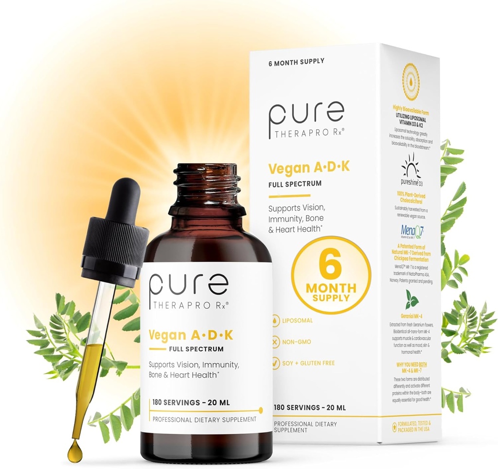 Pure TheraPro Rx Vegan A-D-K Drops-6 Mon Supply-Vitamin A(Palmitate & Betacarotene),Liposomal Vitamin D3(as vegan cholecalciferol),Liposomal Vitamin K2(MK-4 & MK-7)Supports Immunity & Bone Health-20mL