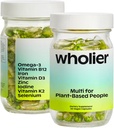 wholier Plant Based Multivitamin Vegan Omega-3 DHA EPA, Vitamin D, B12, Zinc, Vitamin K2, Iron, Iodine, Selenium. 60 Count (30-Day Supply) Glass Bottle