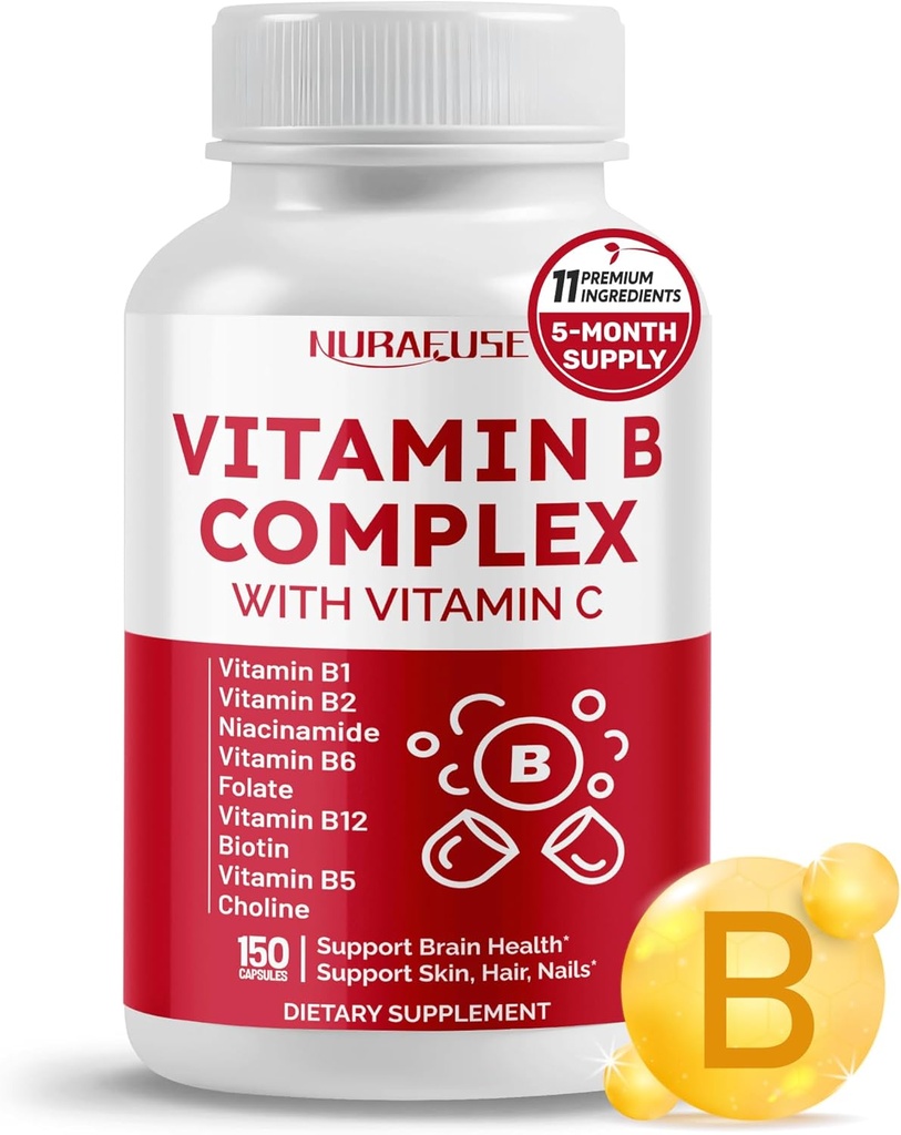 Vitamin B Complex Vitamin B1, B2, 6,9,12 Niacin, with Vitamin C - Support Brain Health, Energy Levels, Skin, Hair, and Nails - Made and Tested in The USA