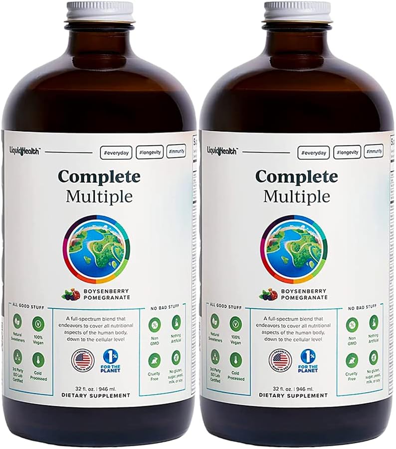 LIQUIDHEALTH Complete Multiple Adult Liquid Multivitamin - Essential Vitamins, Minerals & Nutrients, Immune Support, Gut Health, Energy, Detox - Made in USA, Vegan, Non-GMO, Sugar-Free (2 Pack)