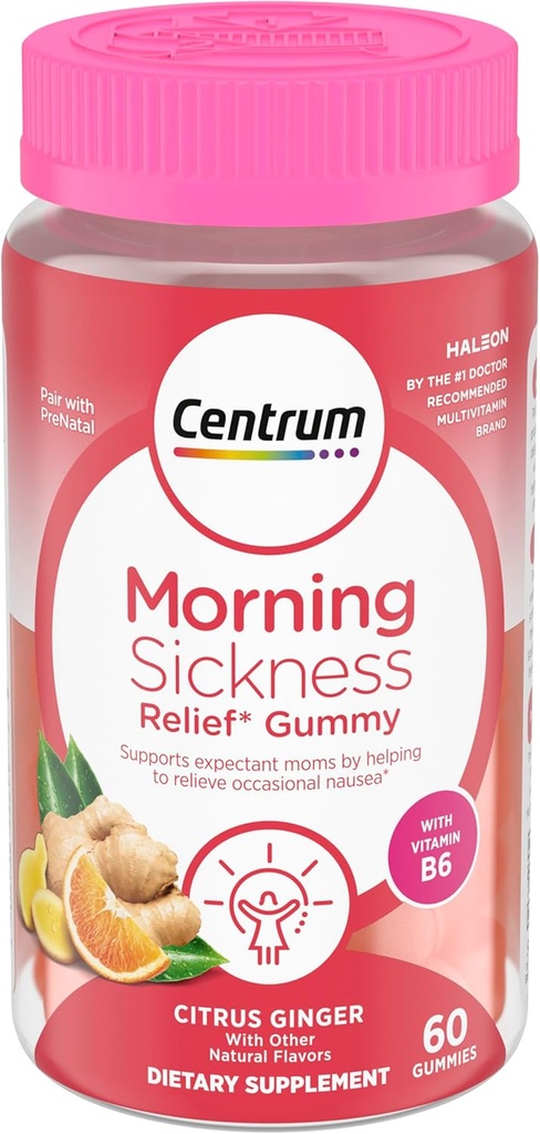 Centrum Morning Sickness Relief Gummies, Citrus Ginger Flavor - 60 Count, Up to 60 Day Supply