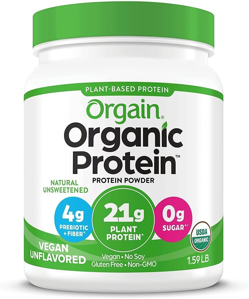 Orgain Organic Vegan Protein Powder, Natural Unsweetened - 21g of Plant Protein, 4g Prebiotic Fiber, Low Net Carbs, No Lactose Ingredients, No Added Sugar, Non-GMO, For Shakes & Smoothies, 1.59 lb