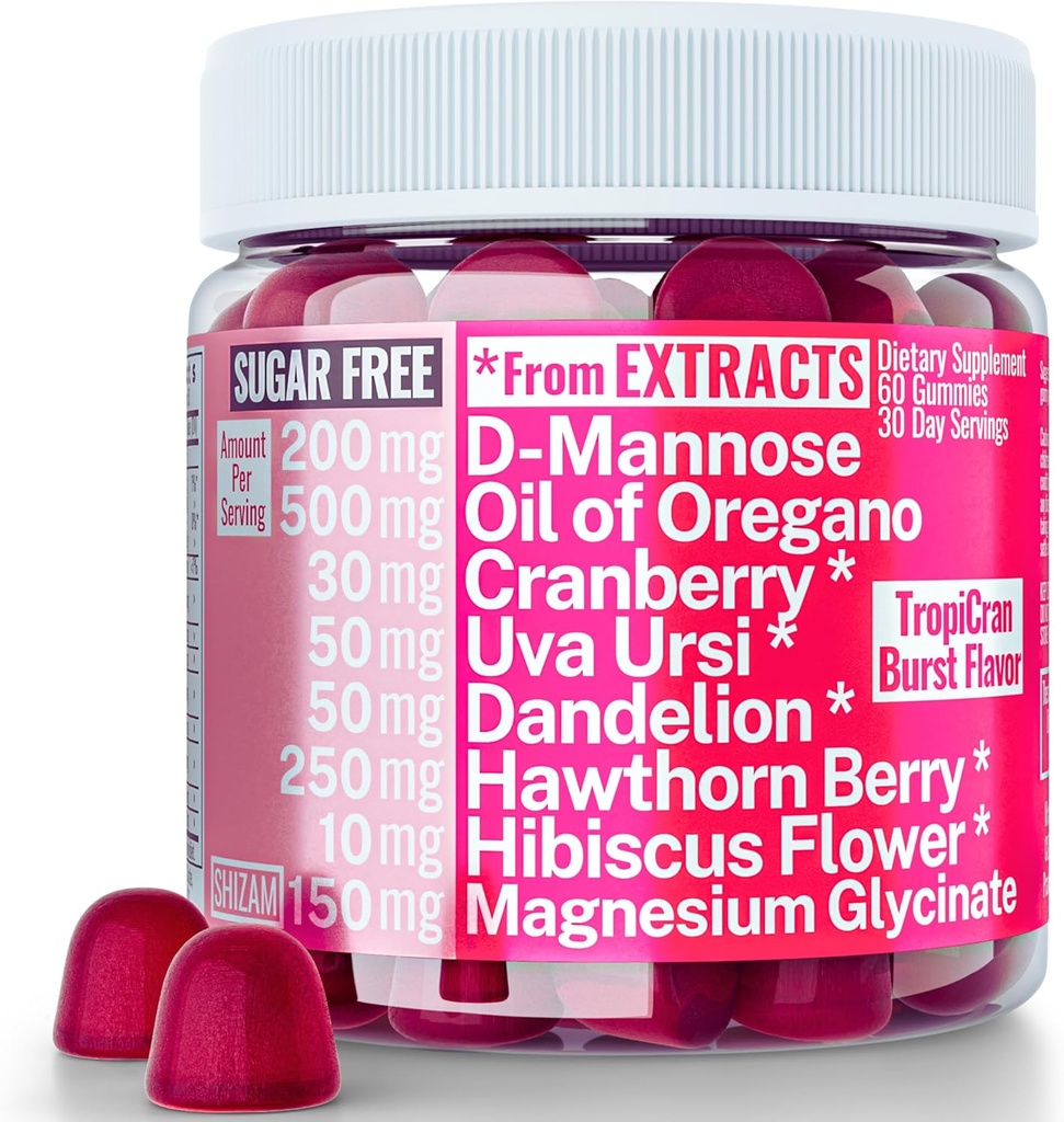 SHIZAM Vaginal Urinary Tract Yeast Candida pH Support Sugar Free Gummies w Oil of Oregano Uva Ursi Cranberry D-Mannose Hawthorne Berry, Vaginal Probiotics Suppositories Wash Cleanse Alt