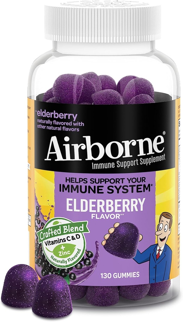 Airborne Elderberry + Zinc & Vitamin C Gummies for Adults, Immune Support with Antioxidants Vitamins C, D & E, 130 Count, Elderberry Flavor
