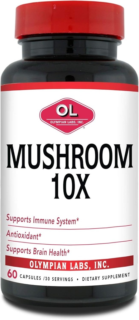 Olympian Labs 10X Mushroom Supplement Capsules - Comprehensive Formula Supporting Immune System, Antioxidant, Brain Health - 60 Capsules (30 Servings)
