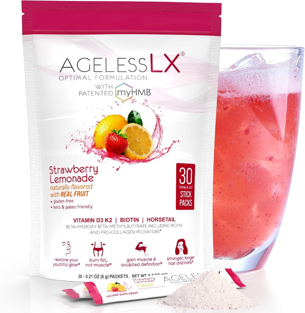 AgelessLX Powder Supplement for Women - with HMB Collagen Enhancer Plus Vitamin D3 with K2, Horsetail and Biotin for Lean Muscle and Stronger Hair and Nails - 30 Powder Packets Strawberry Lemonade