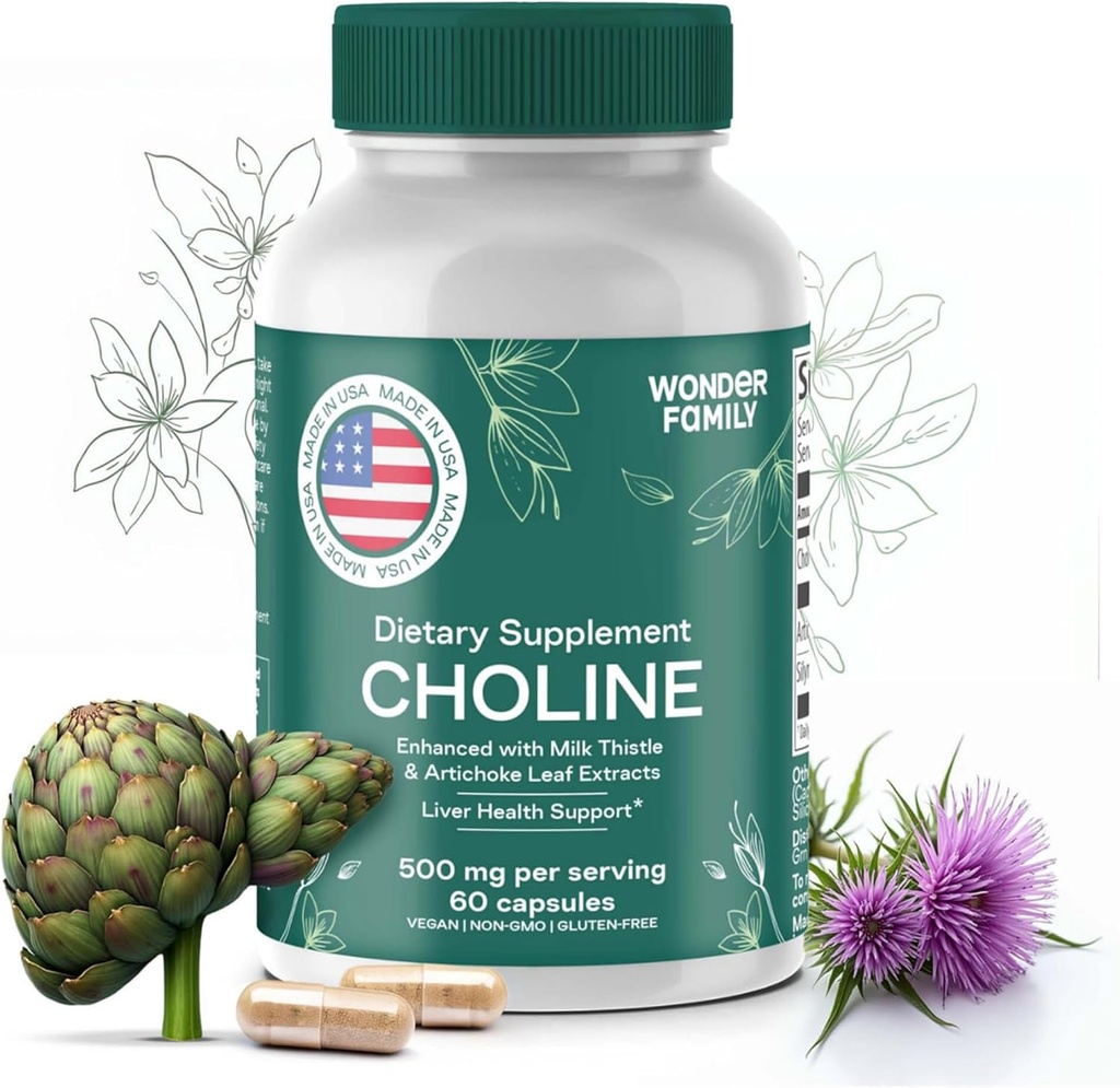 Choline Bitartrate 500MG - Premium Choline Supplements - Liver Support Supplement & Gallbladder Supplements - Colina Suplemento 500 mg Orgánica - Brain Vitamin for Memory and Focus - 60 Choline Caps