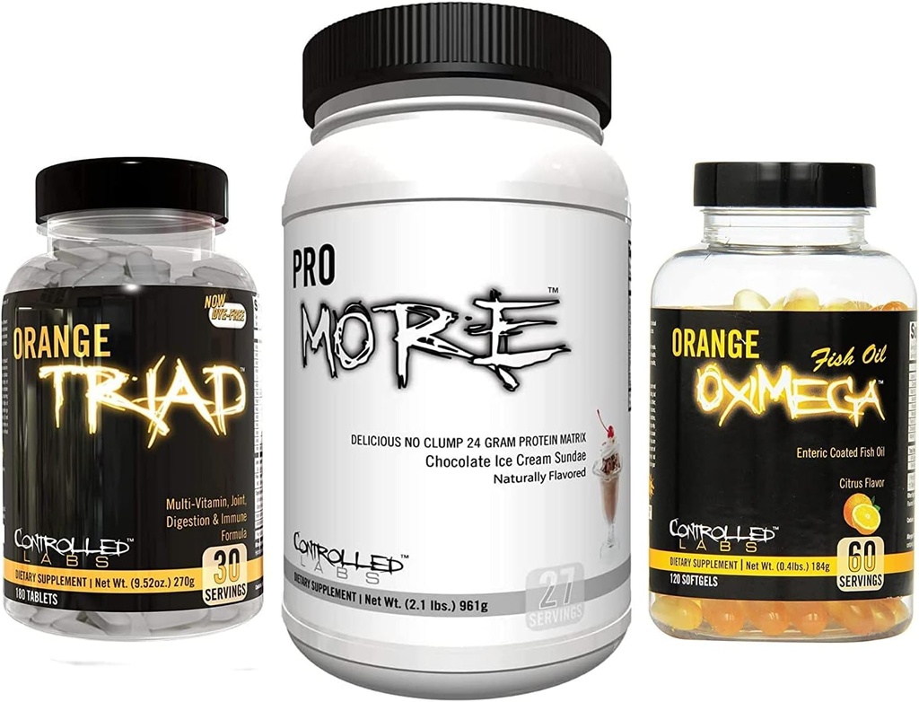 CONTROLLED LABS Bundle - Orange Triad (30 Serv), Orange Oximega Fish Oil (120 softgels), PROmore Protein (27 Serv) Chocolate Ice Cream Sundae