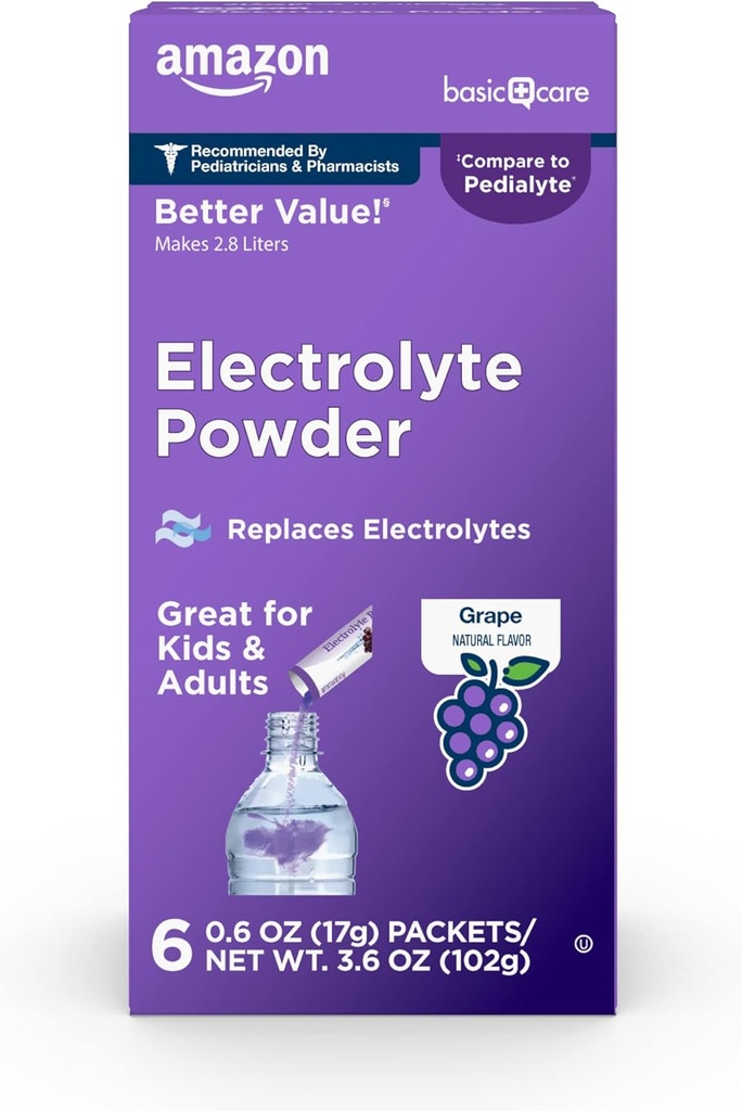Amazon Basic Care Electrolyte Powder Packets for Rehydration for Kids & Adults, Grape Flavor, 6 Count (Pack of 1)