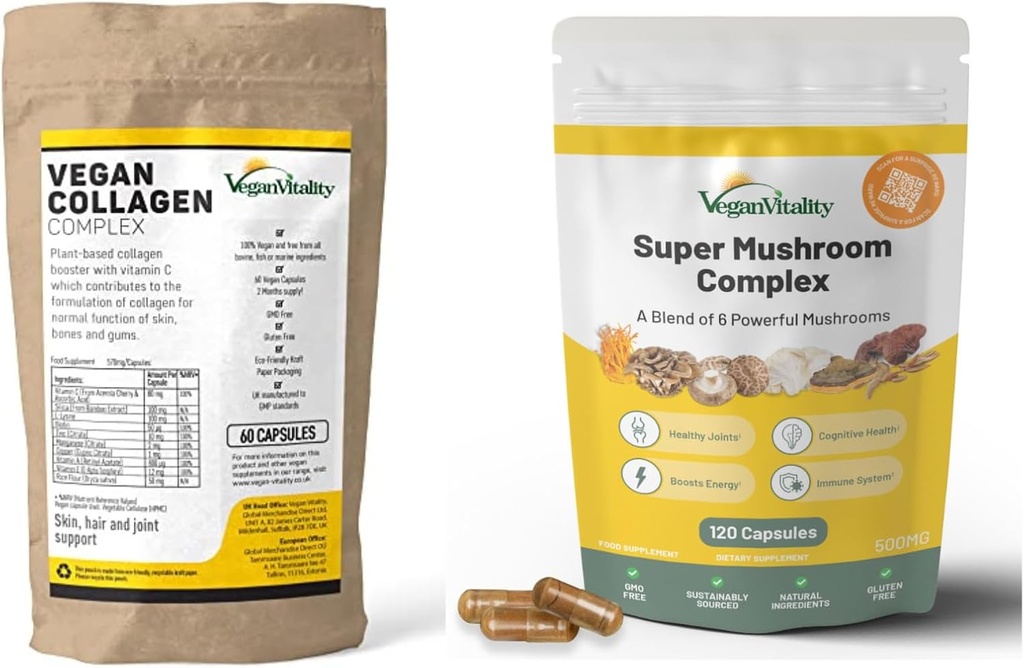 Vegan Vitality Nutrition Booster Bundle - Super Mushroom Complex and Collagen Booster. High Strength Plant Based Formula for Skin, Hair, Immunity and Overall Health for Vegans and Vegetarians