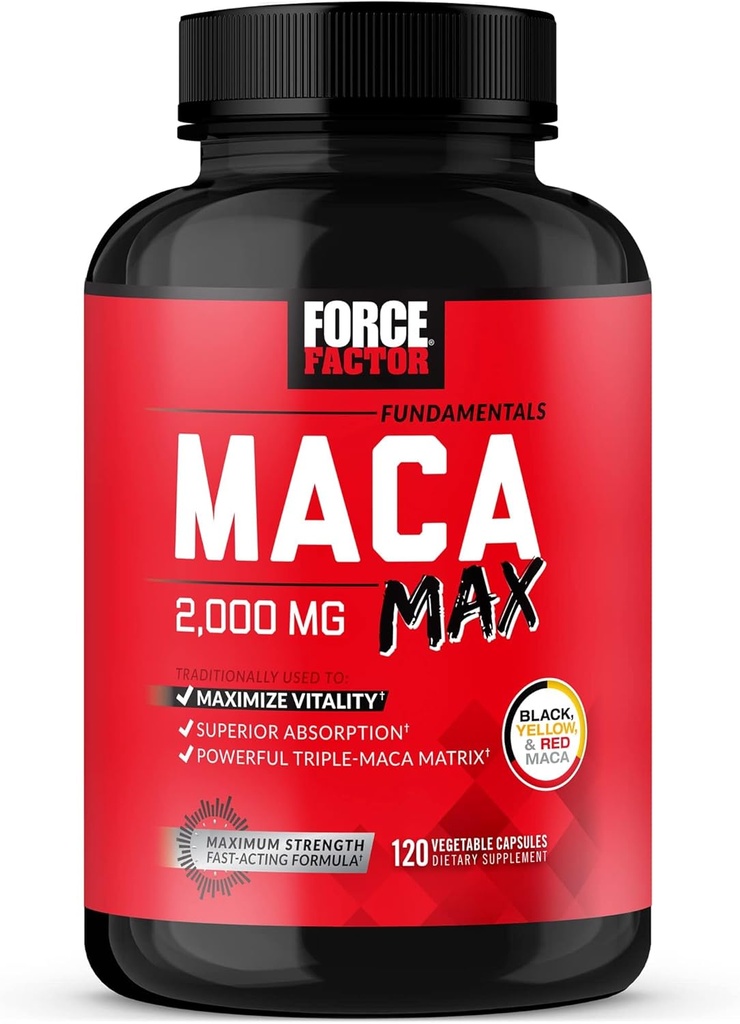 Force Factor Maca Max, Maca Root Capsules to Maximize Vitality & Performance, Made with Black Maca, Red Maca, & Yellow Maca Powder, Maca Root Powder, 2000mg, 120 Capsules