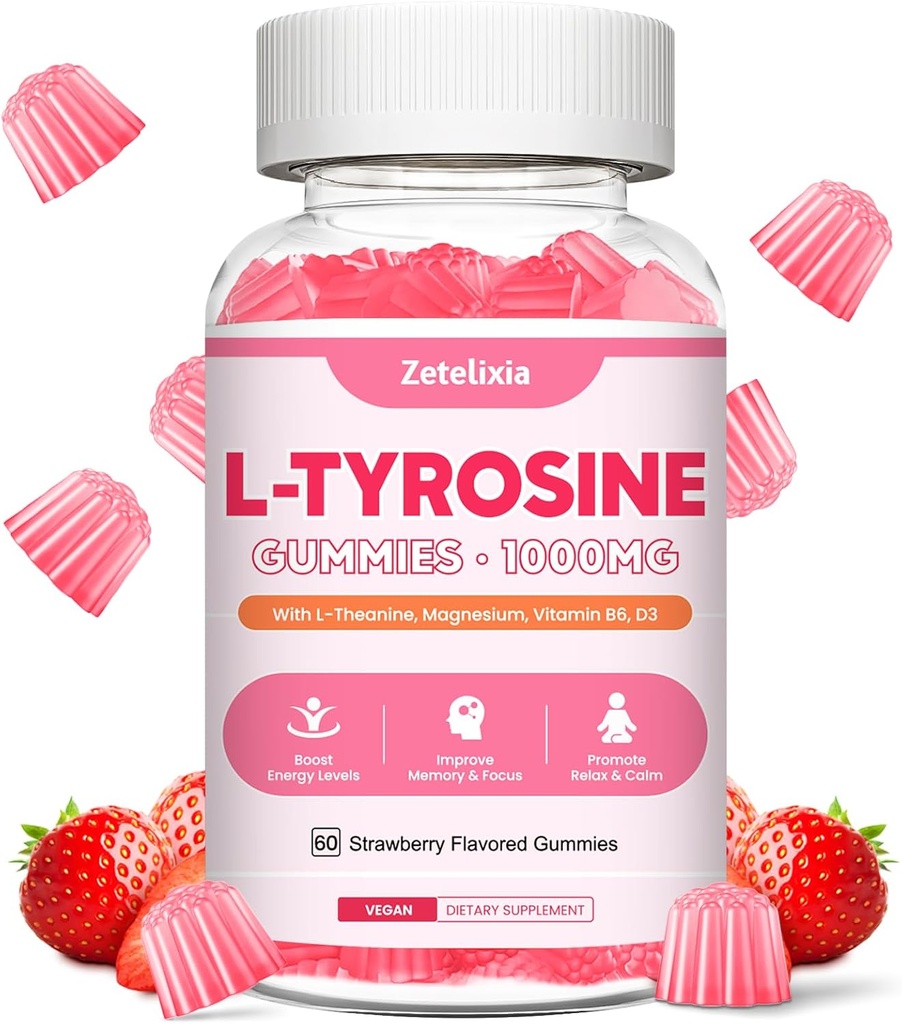 L Tyrosine Gummies, L-Tyrosine Supplement Gummies, L-Theanine Gummies with Vitamin B6 D3, Focus Gummies Support Brain, Memory, Energy, Mood for Adult & Kids, Strawberry Flavor, 60 Count