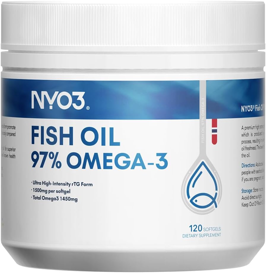 NYO3 Omega 3 Fish Oil 1500mg with DHA & EPA Fatty Acids, 97% High-Potency Omega 3,Support Heart, Brain & Joint Health,No Fishy Aftertaste,Non-GMO,120 Softgel