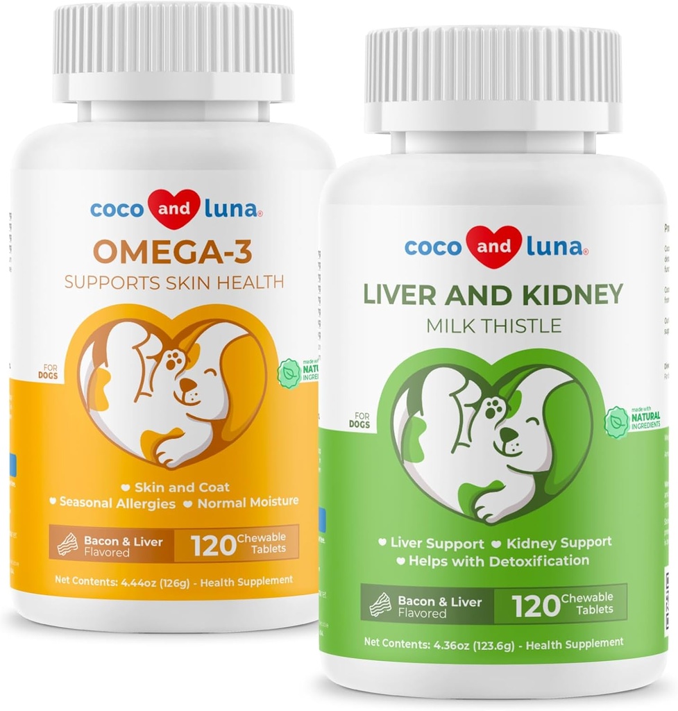 Milk Thistle + Omega 3 for Dogs Bundle - Liver and Kidney Support, Heart Health, Skin and Coat Support with EPA & DHA.