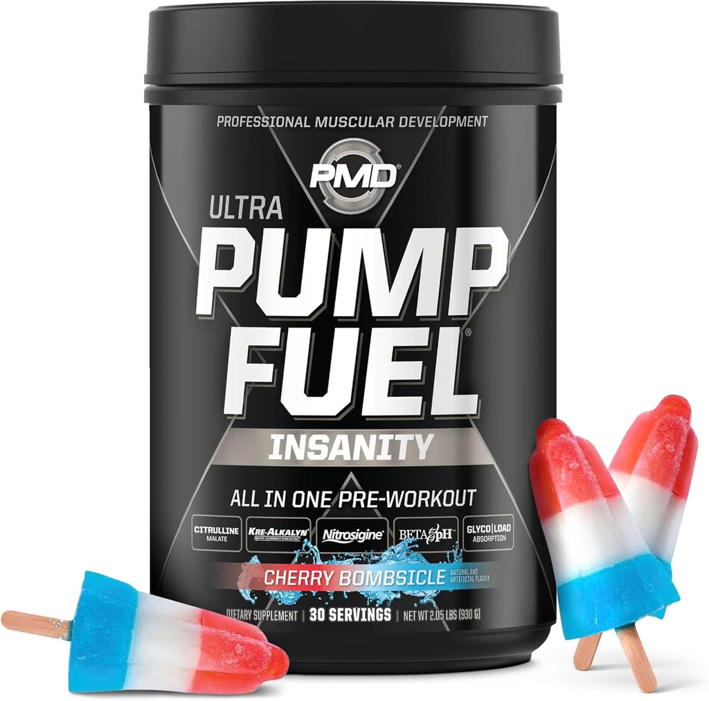 PMD Sports Pump Fuel Ultra Insanity - Premium Pre Workout Powder & Muscle Pump, Greater Focus, Endurance & Recovery, Premium Creatine, Arginine & Beta Alanine - Cherry Bombsicle (30 Servings)