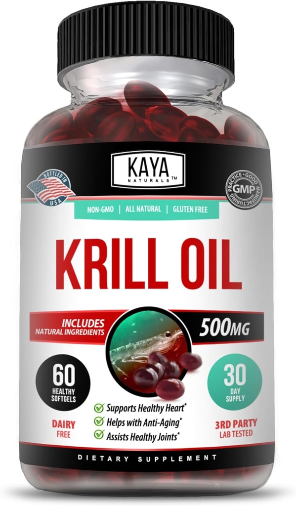 Kaya Naturals - Antarctic Krill Oil 500mg with Omega 3, EPA, DHA, Phospholipids & Astaxanthin Supplement - Brain & Health Vitamin - Anti Aging Supplement - 60 Count Softgels