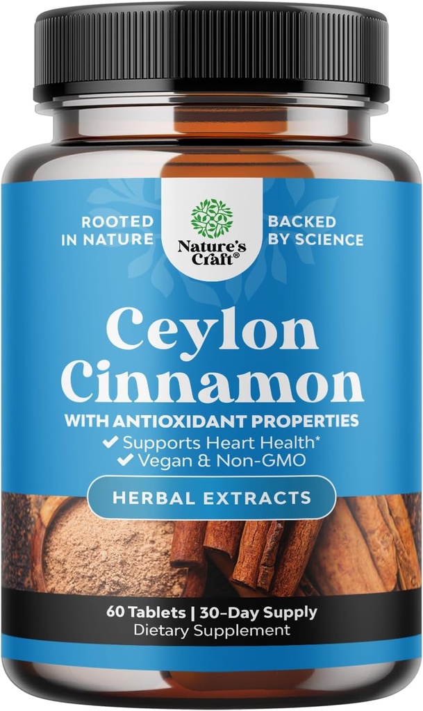 Organic Ceylon Cinnamon Extract Tablets 1000mg - Ceylon Cinnamon Organic Supplement for Blood Sugar Support, Immune System & Heart Health Aid - Immune Support Supplements for Adults - 60 Count