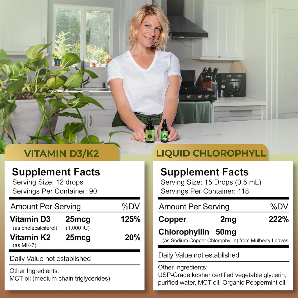 Go Nutrients Liquid Vitamin D3 with K2 (MK-7) & Liquid Chlorophyll | Sodium Copper Chlorophyllin Supplement | Vegan-Friendly
