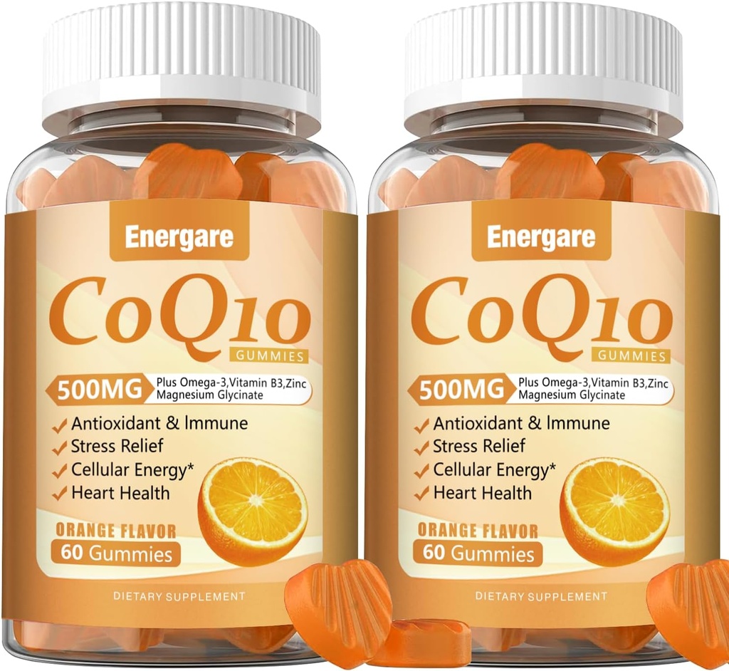 2 Packs CoQ10 500MG Gummies - 3X Better Absorption Coenzyme Q10 Supplements - Plus Omega-3, Magnesium, Vitamin B3 & Zinc for Heart Health, Cellular Energy & Antioxidant, 120 Cts