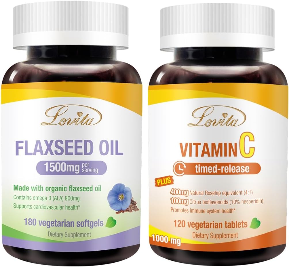 Lovita Flaxseed Oil & Vitamin C Nutrients Bundle. Dietary Supplement Supports Better Nutrition & Overall Well-Being