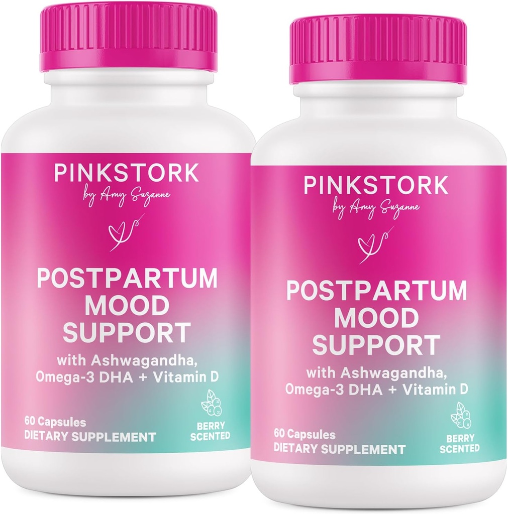 Pink Stork Postpartum Mood Support - Postnatal Hormone Balance for Women - Breastfeeding Friendly - Stress & Cognitive Support, New Mom Essentials - Ashwagandha, Chamomile, & Vitamin D, 120 Capsules