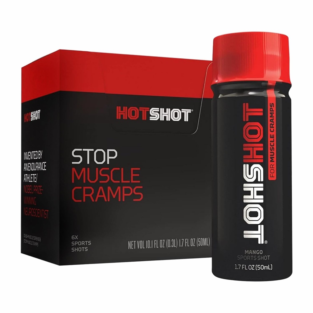 HOTSHOT Sports Shot Muscle Cramp Relief, All Natural Liquid Sports Drink, Scientifically Proven, for Leg and Night Cramps, Proudly NSF Certified for Sport, (Spicy Mango) (1.7 Fl Oz) (Pack of 6)