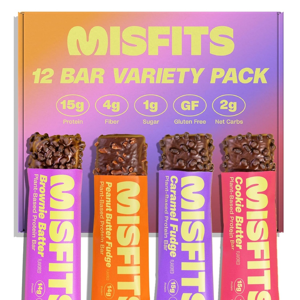 Misfits Protein Bars - High Protein Candy Bars | Gluten Free Plant Based, Low Sugar & Carb, High Fiber Snacks | Variety Pack of 12 (4 Flavors)