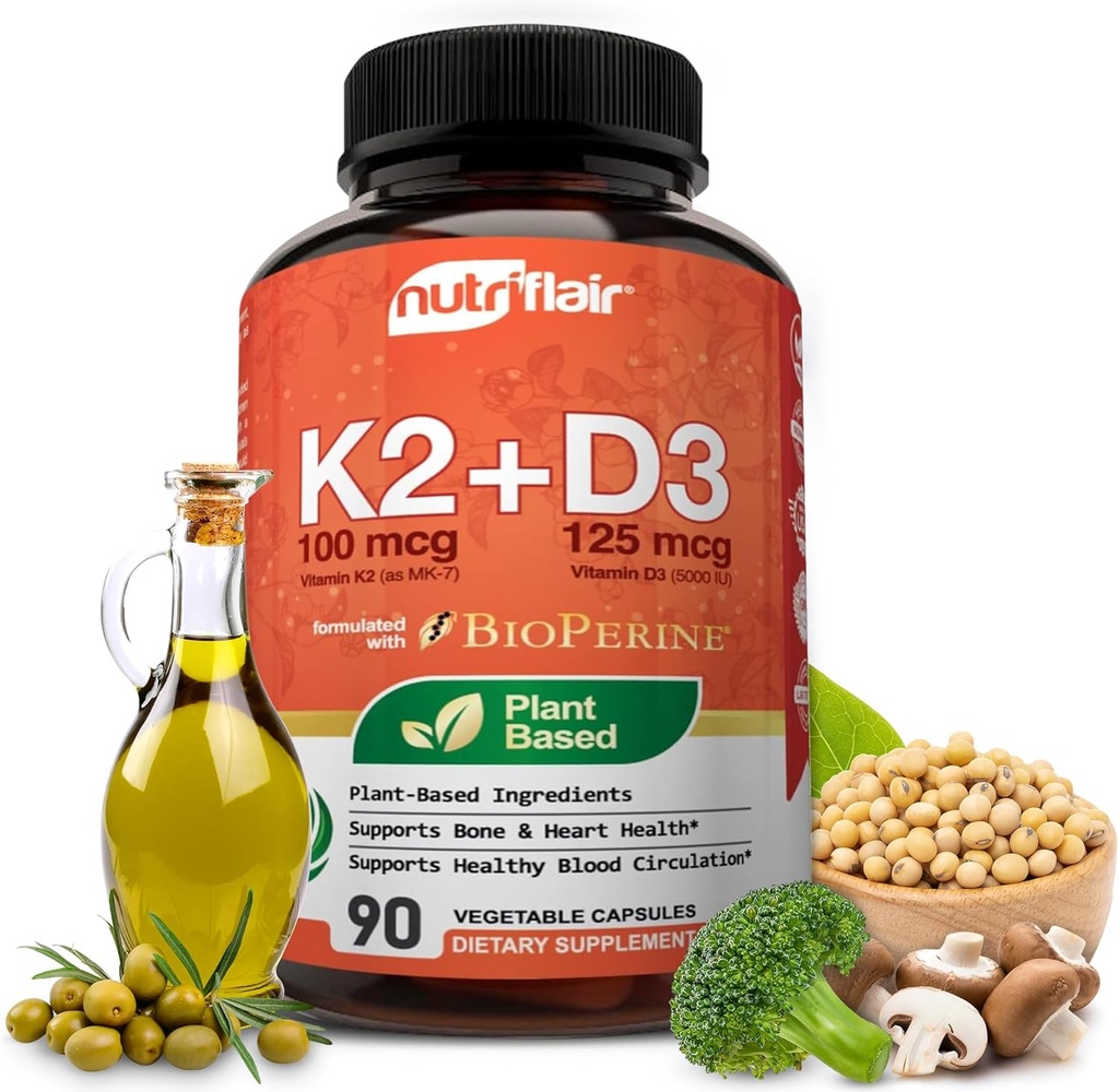 NutriFlair Vitamins D3 (5000iu/125mcg) + K2 (as Mk7) - Made with Plant-Based Ingredients Plus BioPerine Black Pepper Extract, 90 Capsules - Supports Healthy Immune, Heart and Health - Non-GMO Pills