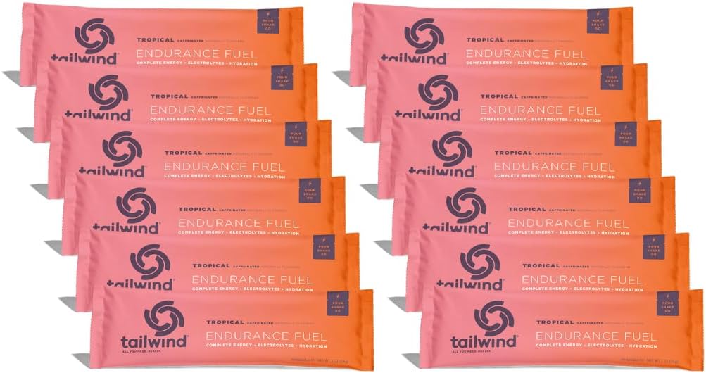 Tailwind Nutrition Endurance Fuel, Caffeine Drink Powder Mix Single Serving with Electrolytes, Non-GMO, Free of Soy, Dairy, and Gluten, Vegan-Friendly, Tropical Buzz, Pack of 12