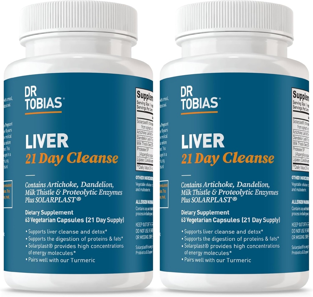 Dr. Tobias Liver 21 Day Cleanse, Herbal Liver Detox Cleanse with Solarplast, Artichoke Extract, Milk Thistle, Dandelion Extract & Digestive Enzymes, 63 Vegetable Capsules, 3 Daily, Pack of 2