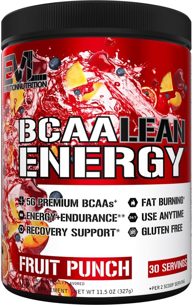 EVL BCAA Lean Energy Powder - Pre Workout Green Tea Fat Burner Support with BCAAs Amino Acids and Clean Energizers - BCAA Powder Post Workout Recovery Drink for Lean Muscle Recovery - Fruit Punch