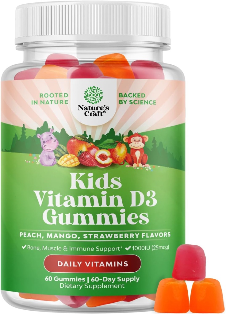 Chewable Vitamin D Gummies for Kids - Delicious Kids Vitamin D 1000 IU Per Serving Gummy Vitamins for and Toddlers Immune Support Plus Muscle Teeth and Bone Health - Gelatin Free Fruit Flavors